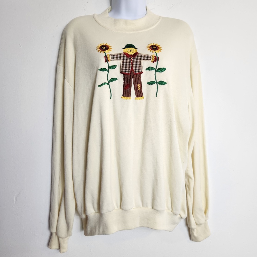 Vintage BonWorth Scarecrow Sunflower L Sweatshirt USA Cottagecore Fall Grandma